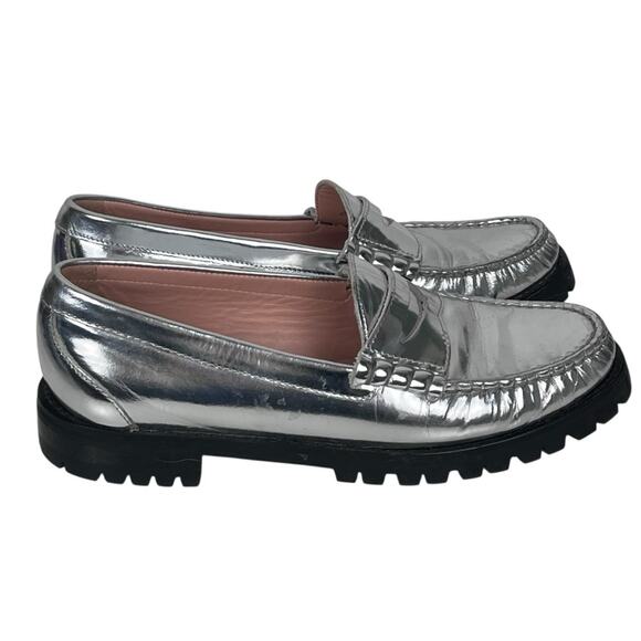 J Crew Silver Patent Leather Loafers Womens 8.5 Slip On Holiday Preppy Academia - Picture 3 of 10
